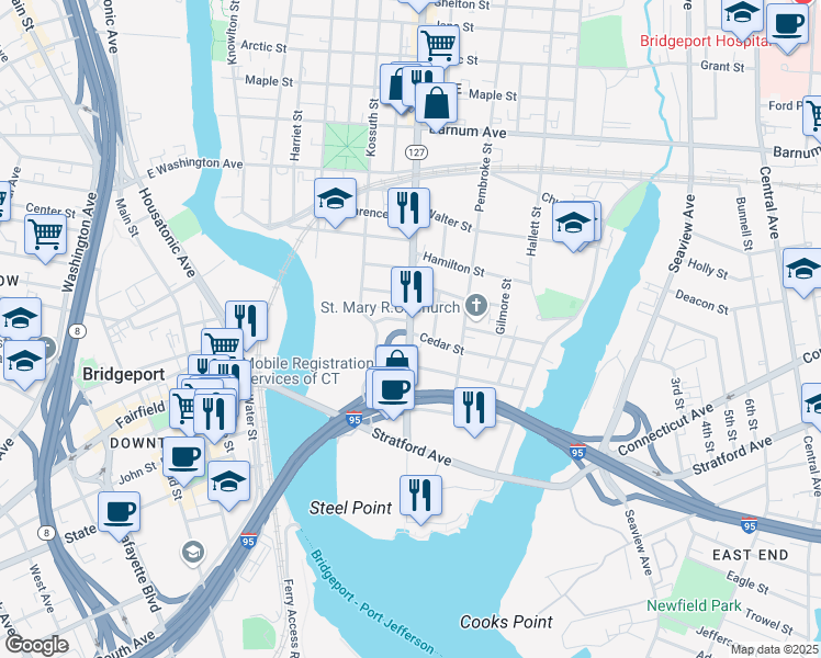 map of restaurants, bars, coffee shops, grocery stores, and more near 31 Cedar Street in Bridgeport