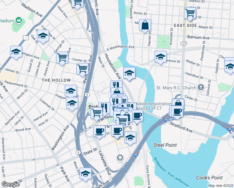 map of restaurants, bars, coffee shops, grocery stores, and more near 1214 Main Street in Bridgeport