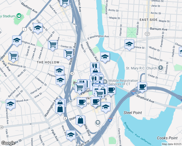 map of restaurants, bars, coffee shops, grocery stores, and more near 45 Chapel Street in Bridgeport