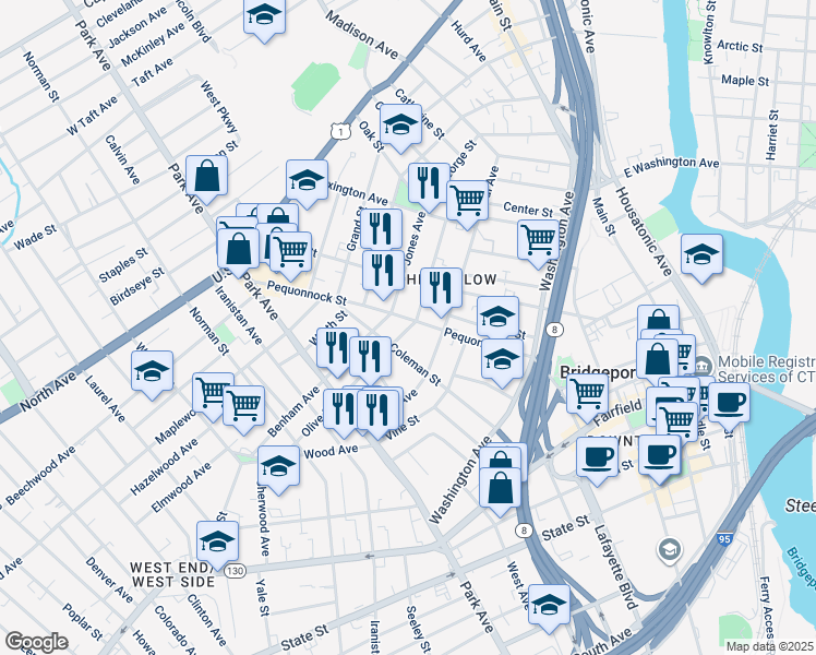 map of restaurants, bars, coffee shops, grocery stores, and more near in Bridgeport