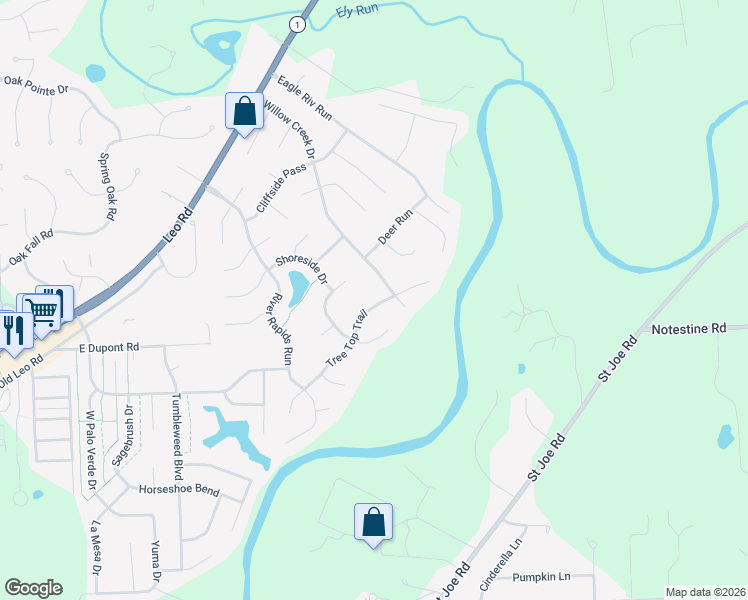 map of restaurants, bars, coffee shops, grocery stores, and more near 6832 Tree Top Trail in Fort Wayne