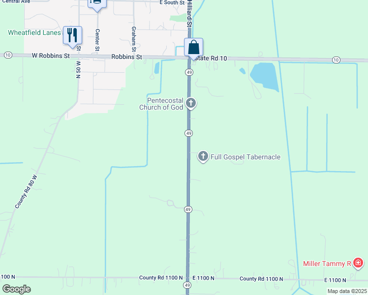 map of restaurants, bars, coffee shops, grocery stores, and more near 11549 Indiana 49 in Wheatfield