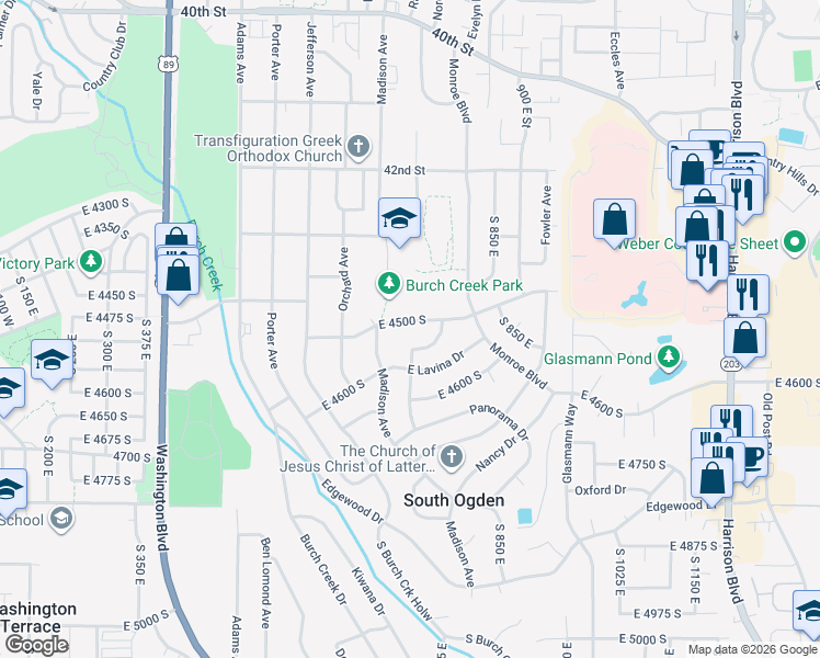 map of restaurants, bars, coffee shops, grocery stores, and more near 725 45th Street in Ogden