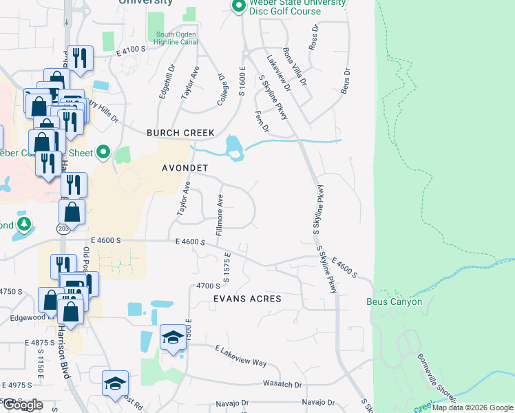 map of restaurants, bars, coffee shops, grocery stores, and more near 1641 Pinecrest Drive in Ogden