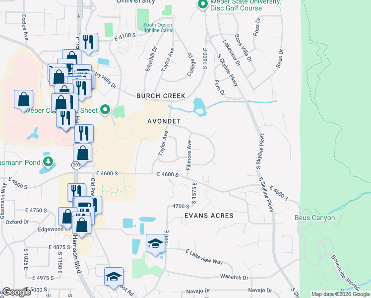 map of restaurants, bars, coffee shops, grocery stores, and more near 4499 Fillmore Avenue in Ogden