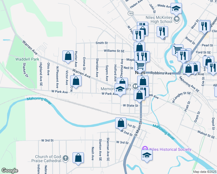 map of restaurants, bars, coffee shops, grocery stores, and more near 323 Warren Avenue in Niles