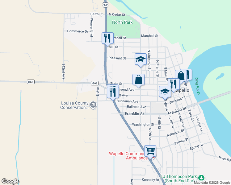 map of restaurants, bars, coffee shops, grocery stores, and more near 910 Isett Avenue in Wapello