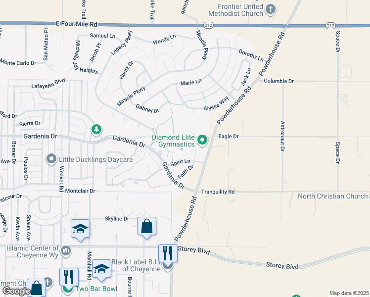 map of restaurants, bars, coffee shops, grocery stores, and more near 6528 Faith Drive in Cheyenne