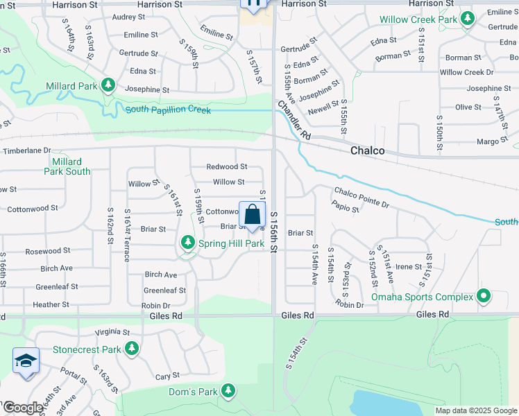 map of restaurants, bars, coffee shops, grocery stores, and more near 15604 Cottonwood Street in Omaha