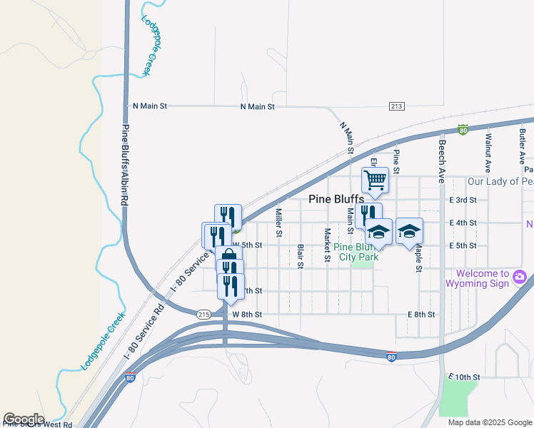 map of restaurants, bars, coffee shops, grocery stores, and more near 405 West 4th Street in Pine Bluffs