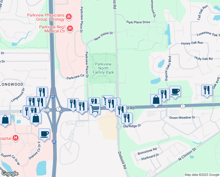 map of restaurants, bars, coffee shops, grocery stores, and more near 10627 Diebold Road in Fort Wayne