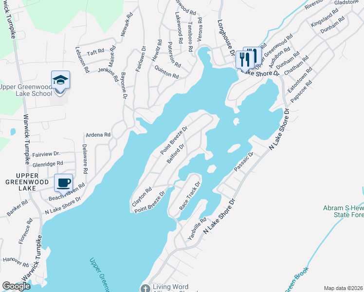 map of restaurants, bars, coffee shops, grocery stores, and more near 26 Belford Drive in West Milford