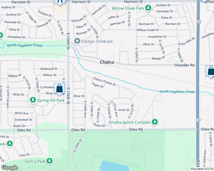 map of restaurants, bars, coffee shops, grocery stores, and more near 15319 Papio Street in Omaha