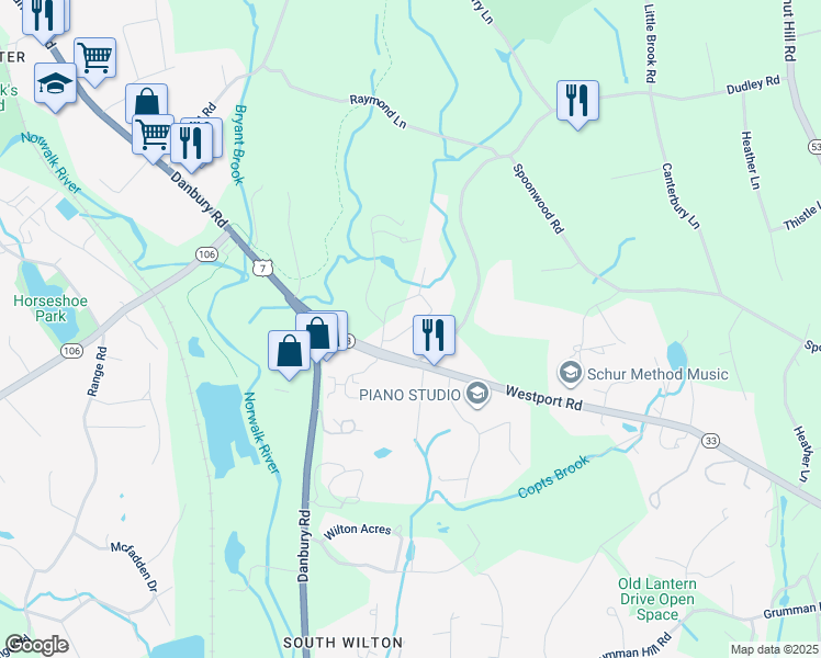 map of restaurants, bars, coffee shops, grocery stores, and more near 22 Westport Road in Wilton