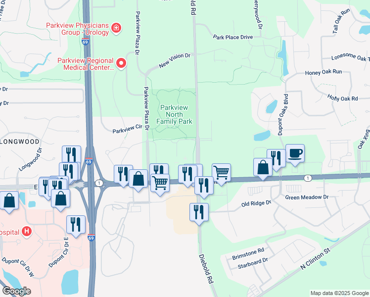 map of restaurants, bars, coffee shops, grocery stores, and more near 10627 Diebold Road in Fort Wayne