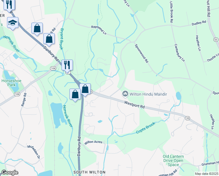 map of restaurants, bars, coffee shops, grocery stores, and more near 20 Westport Road in Wilton