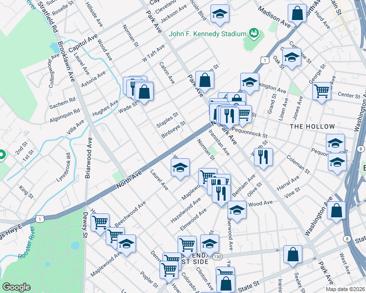 map of restaurants, bars, coffee shops, grocery stores, and more near 1971 North Avenue in Bridgeport