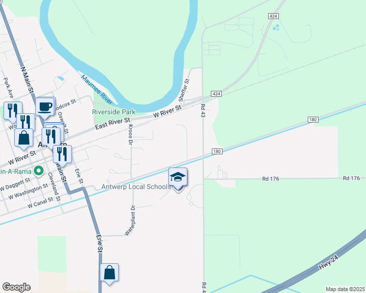 map of restaurants, bars, coffee shops, grocery stores, and more near 103 Diamond Drive in Antwerp