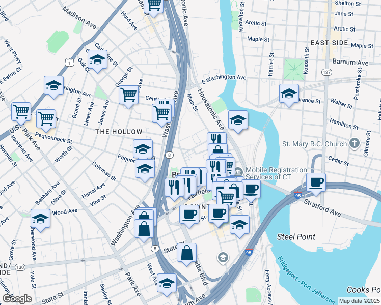 map of restaurants, bars, coffee shops, grocery stores, and more near 76 Lyon Terrace in Bridgeport