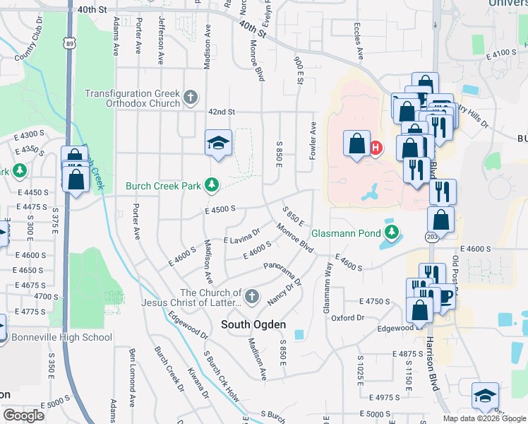 map of restaurants, bars, coffee shops, grocery stores, and more near 777 45th Street in Ogden