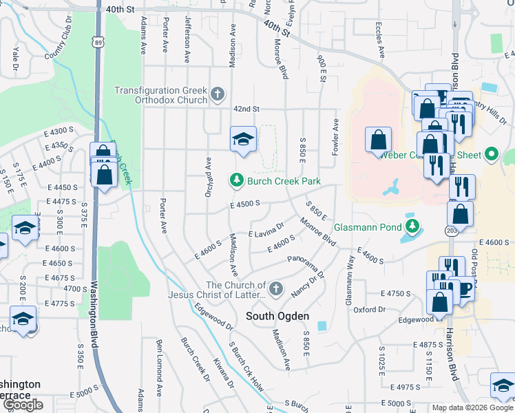 map of restaurants, bars, coffee shops, grocery stores, and more near 4539 South 750 East in South Ogden