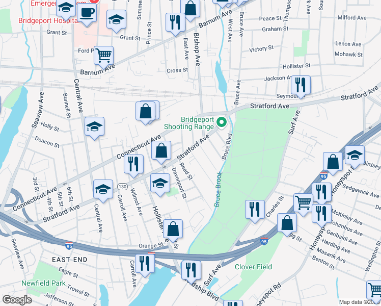 map of restaurants, bars, coffee shops, grocery stores, and more near 1708 Stratford Avenue in Bridgeport