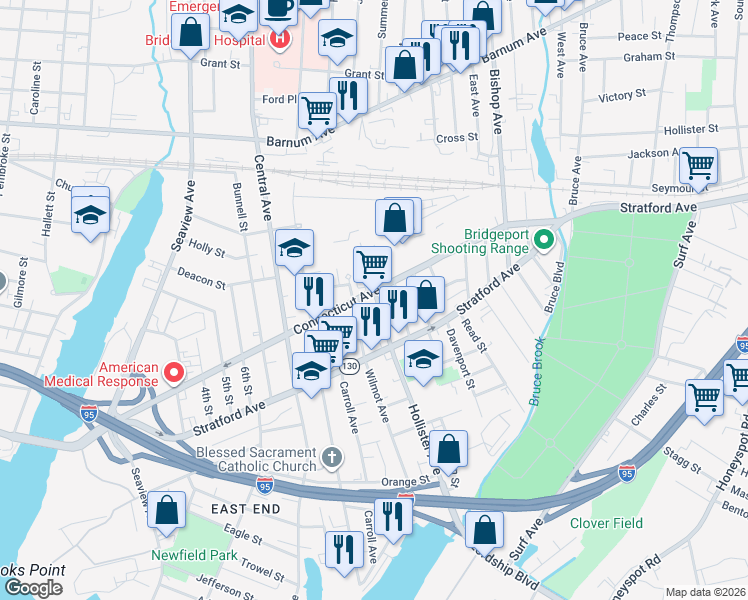 map of restaurants, bars, coffee shops, grocery stores, and more near 465 Hollister Avenue in Bridgeport