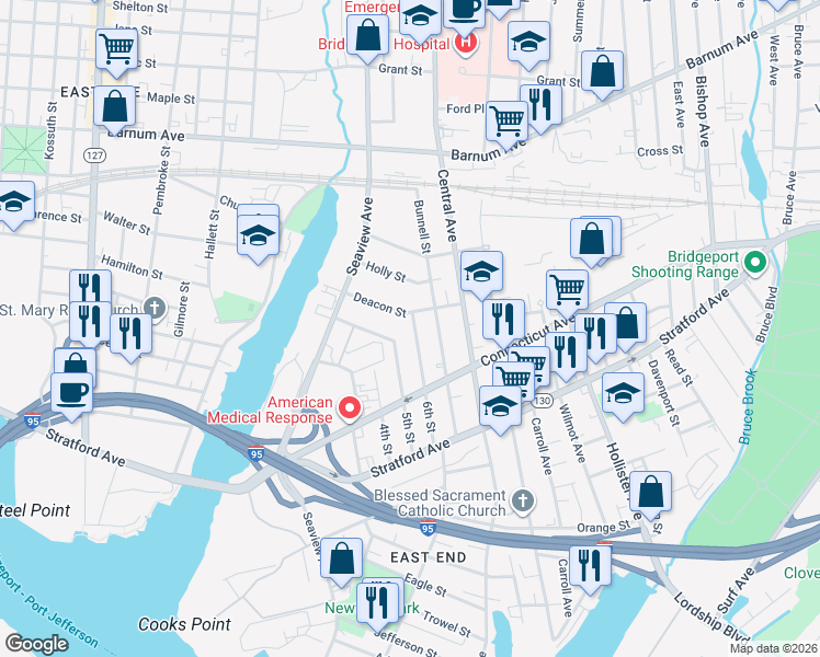 map of restaurants, bars, coffee shops, grocery stores, and more near 233 6th Street in Bridgeport