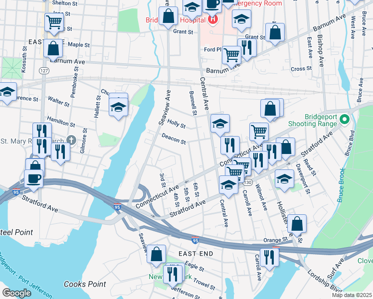 map of restaurants, bars, coffee shops, grocery stores, and more near 233 6th Street in Bridgeport
