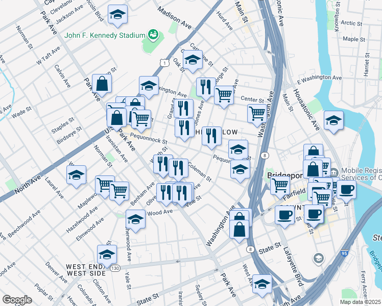 map of restaurants, bars, coffee shops, grocery stores, and more near in Bridgeport