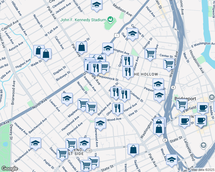 map of restaurants, bars, coffee shops, grocery stores, and more near in Bridgeport