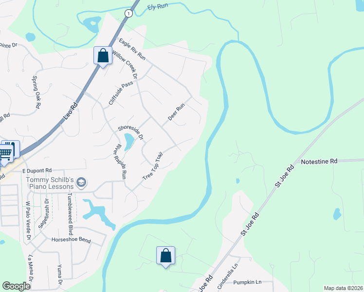 map of restaurants, bars, coffee shops, grocery stores, and more near 10414 Willow Creek Drive in Fort Wayne