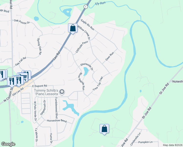 map of restaurants, bars, coffee shops, grocery stores, and more near 10523 Tidewater Trail in Fort Wayne