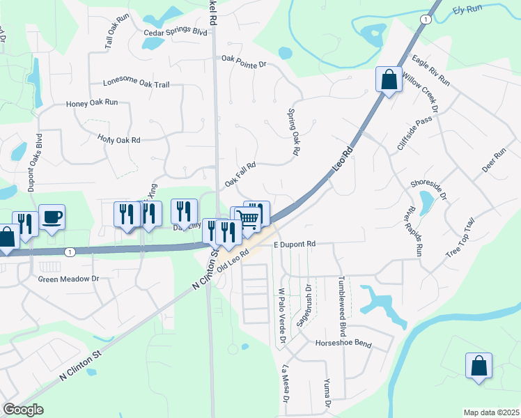map of restaurants, bars, coffee shops, grocery stores, and more near 10424 Oak Valley Road in Fort Wayne
