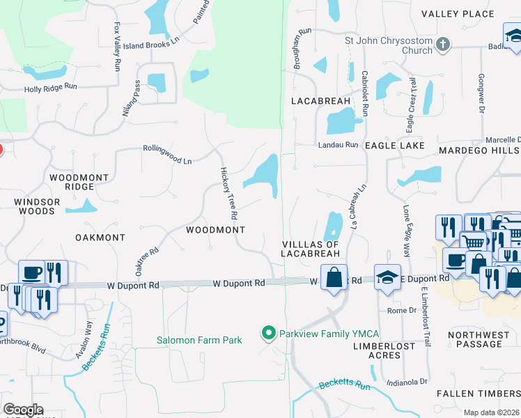 map of restaurants, bars, coffee shops, grocery stores, and more near 621 Lakemont Ct in Fort Wayne