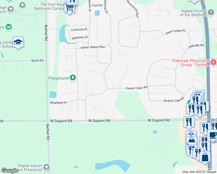 map of restaurants, bars, coffee shops, grocery stores, and more near 2731 Sweet Cider Road in Fort Wayne
