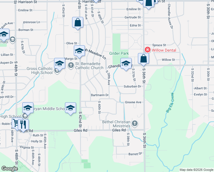 map of restaurants, bars, coffee shops, grocery stores, and more near 7702 South 39th Avenue in Bellevue