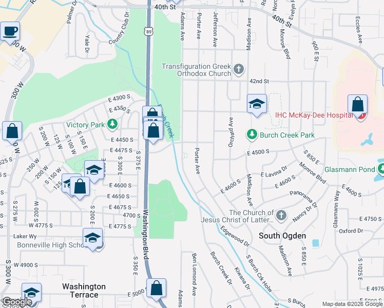 map of restaurants, bars, coffee shops, grocery stores, and more near 4477 Porter Avenue in Ogden