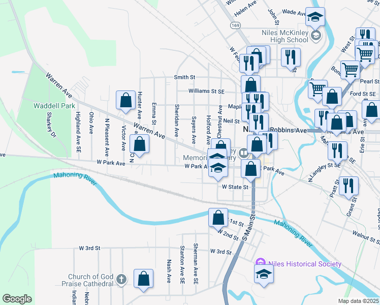 map of restaurants, bars, coffee shops, grocery stores, and more near 323 Warren Avenue in Niles