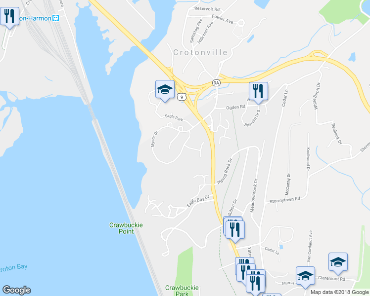 map of restaurants, bars, coffee shops, grocery stores, and more near 21 Mystic Drive in Ossining