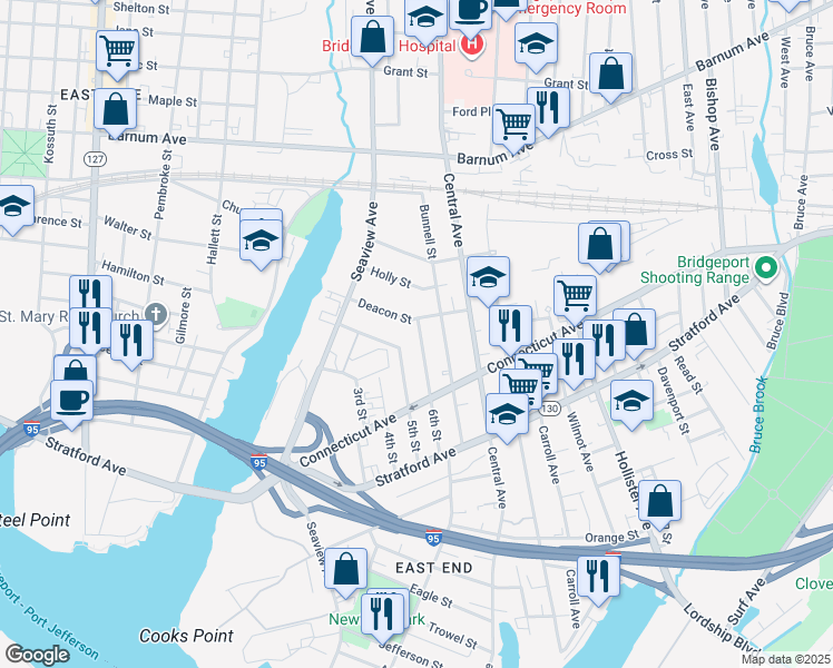 map of restaurants, bars, coffee shops, grocery stores, and more near 233 6th Street in Bridgeport