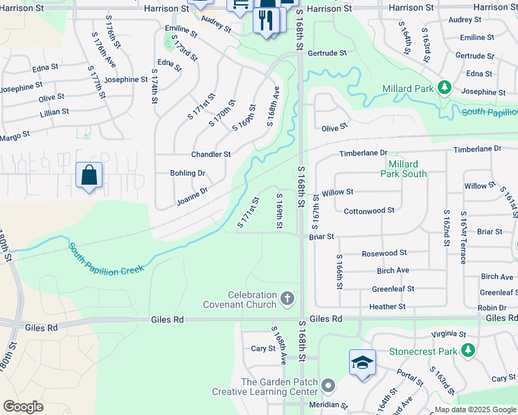map of restaurants, bars, coffee shops, grocery stores, and more near 7935 South 171st Street in Omaha