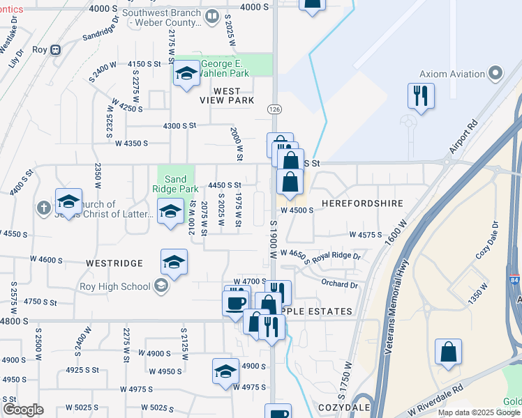 map of restaurants, bars, coffee shops, grocery stores, and more near 4536 South 1900 West in Roy