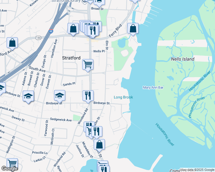 map of restaurants, bars, coffee shops, grocery stores, and more near 1460 Elm Street in Stratford