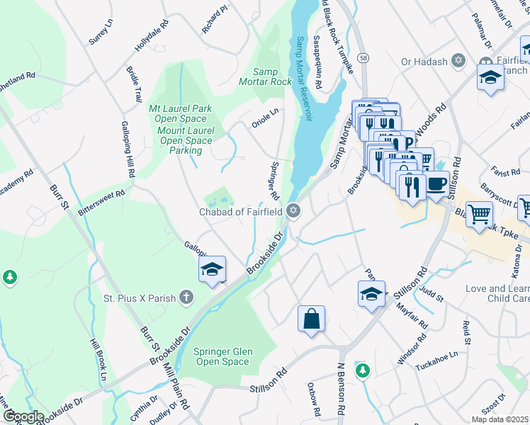 map of restaurants, bars, coffee shops, grocery stores, and more near 82 Springer Road in Fairfield