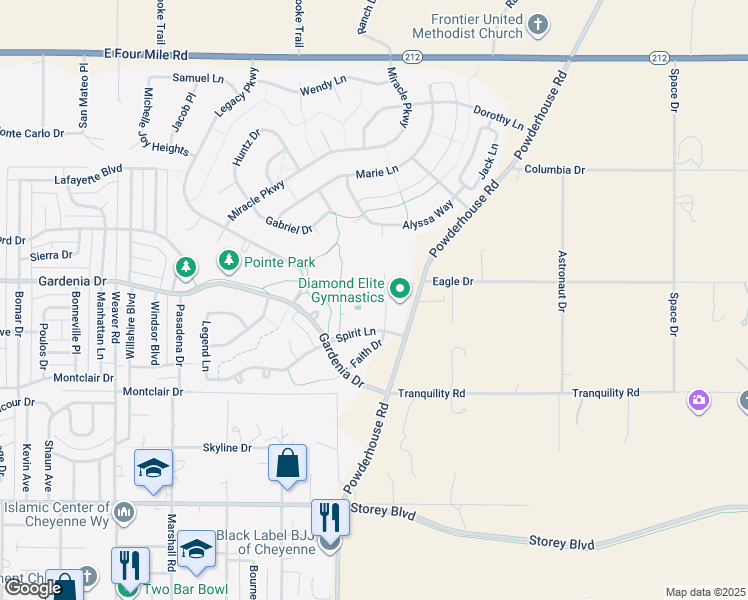 map of restaurants, bars, coffee shops, grocery stores, and more near 6724 Faith Drive in Cheyenne