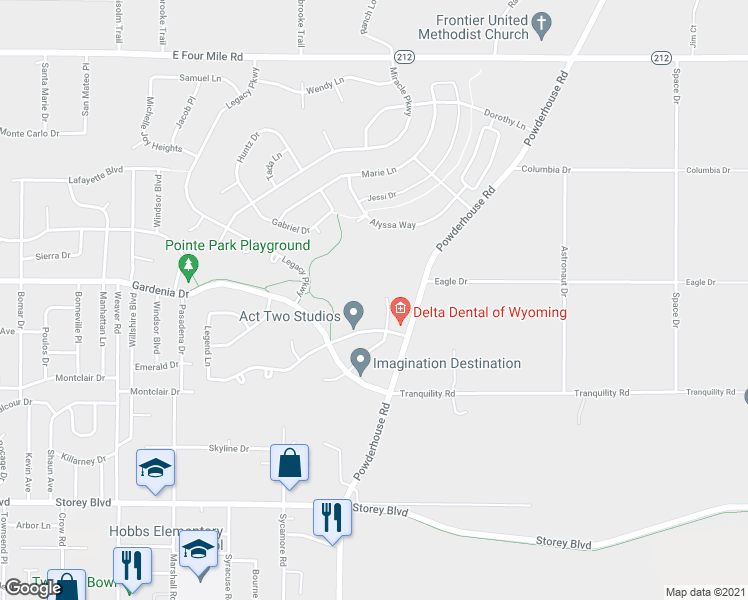 map of restaurants, bars, coffee shops, grocery stores, and more near 6724 Faith Drive in Cheyenne