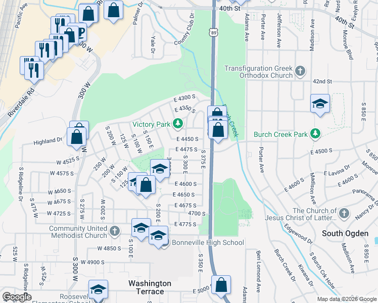 map of restaurants, bars, coffee shops, grocery stores, and more near 309 East 4475 South in Ogden