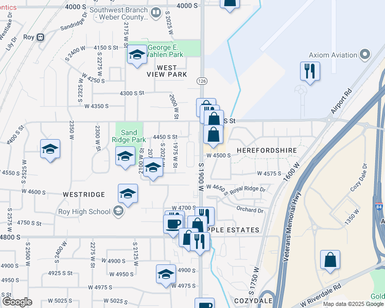 map of restaurants, bars, coffee shops, grocery stores, and more near 4536 South 1900 West in Roy