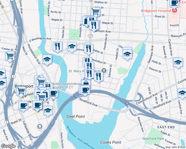 map of restaurants, bars, coffee shops, grocery stores, and more near 31 Cedar Street in Bridgeport